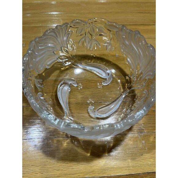 Vintage Frosted Crystal Glass Bowl Floral & Bird Design Scalloped Edge 9" - Picture 1 of 4